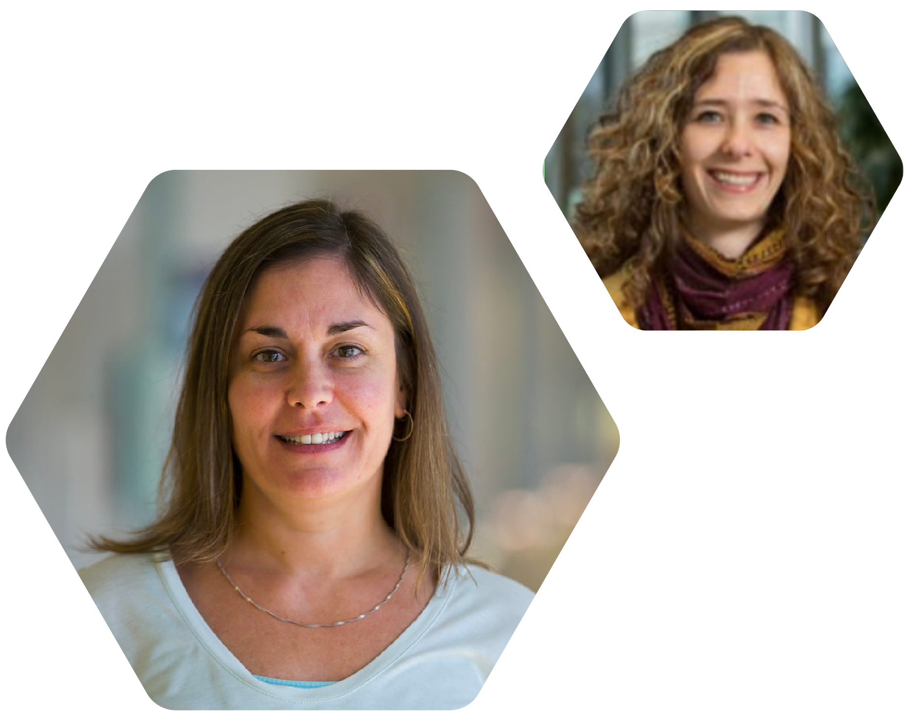 Large hexagon with staff Krista Quinn next to smaller hexagon of staff/faculty Rachael Smedlen